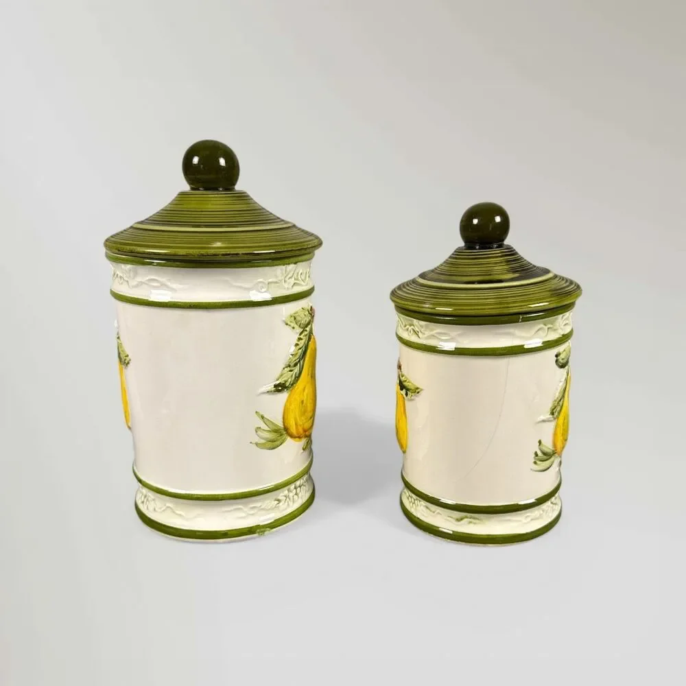Vintage 3D Raised Fruit Porcelain Ceramic (2) Canister Set Japan Lemon Apple